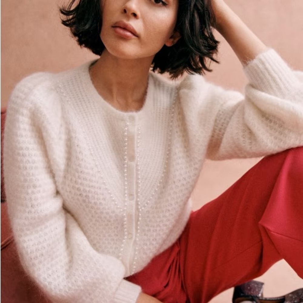 Sezane White Cardigan Cozy Knit Sweater